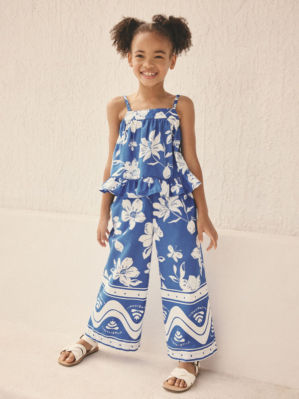 Cobalt Blue Floral Blouse And Trousers Co-ord Set (3-16yrs)