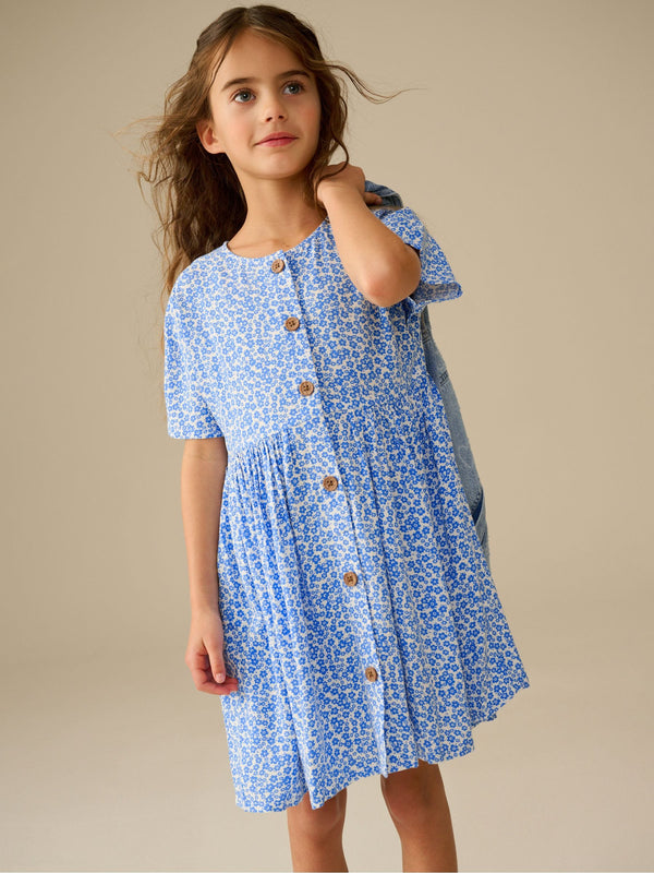 Blue Ditsy Button Summer Dress (3-16yrs)
