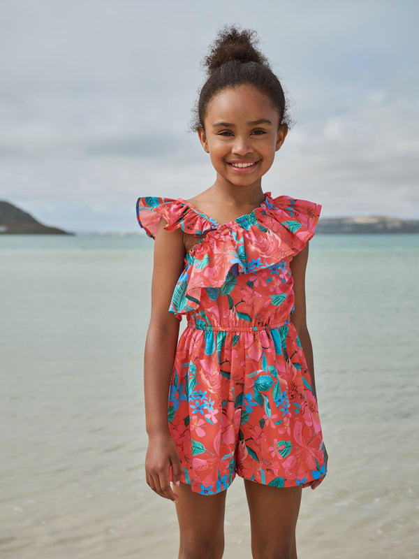 Red Tropical Frill Shoulder Playsuit (3-16yrs)
