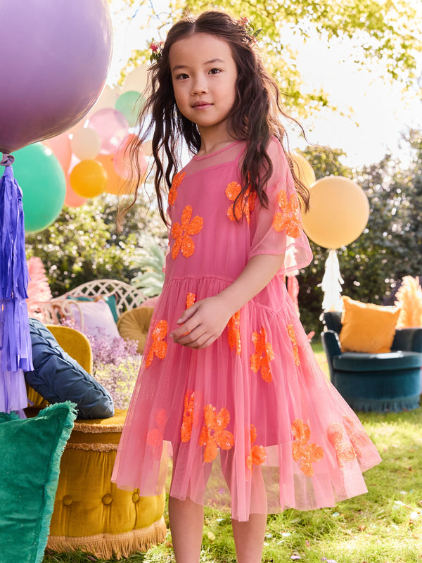Pink/Orange Flower Sequin Mesh Party Dress (3-16yrs)
