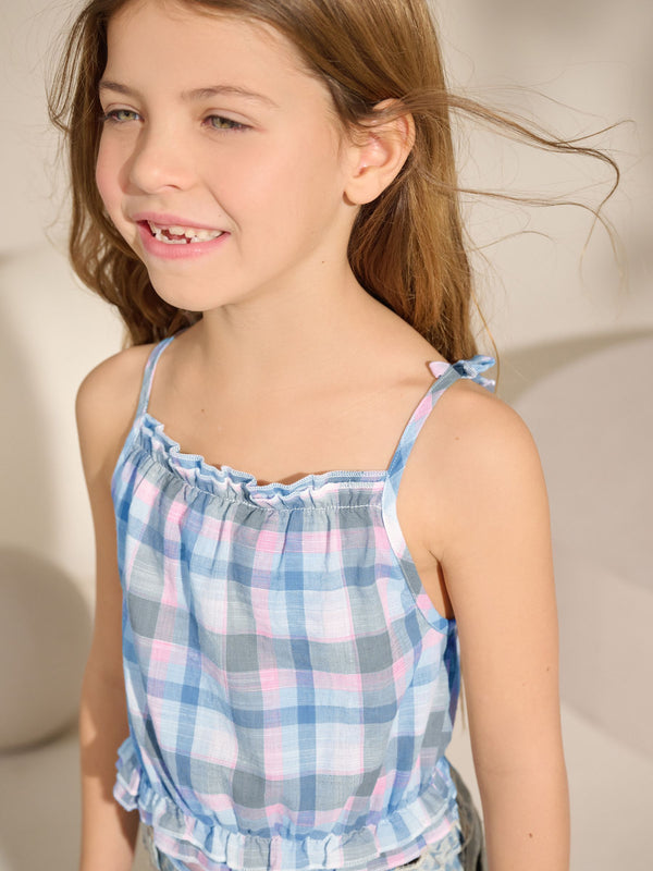 Blue and Pink Check 100% Cotton Camisole Top (3-16yrs)
