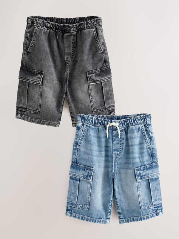 Grey/Mid Blue 100% Cotton Denim Cargo Shorts 2 Pack (3-16yrs)