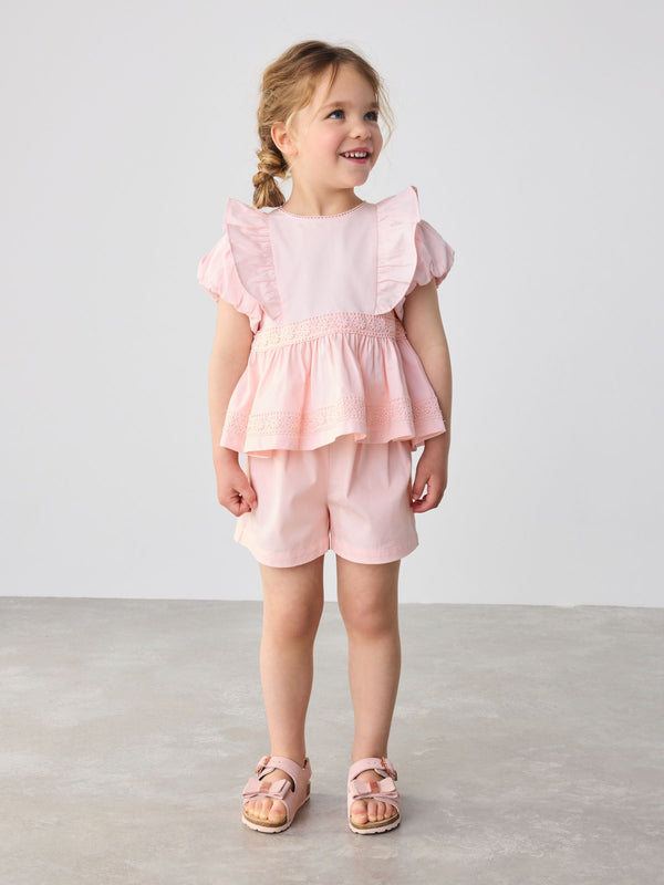 Baker by Ted Baker Pink Woven Frill Peplum 100% Cotton Top and Shorts Set