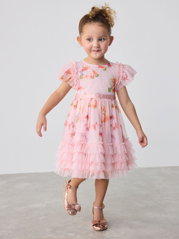 Baker by Ted Baker Pink Ruffle Hem Floral Print Mesh Dress