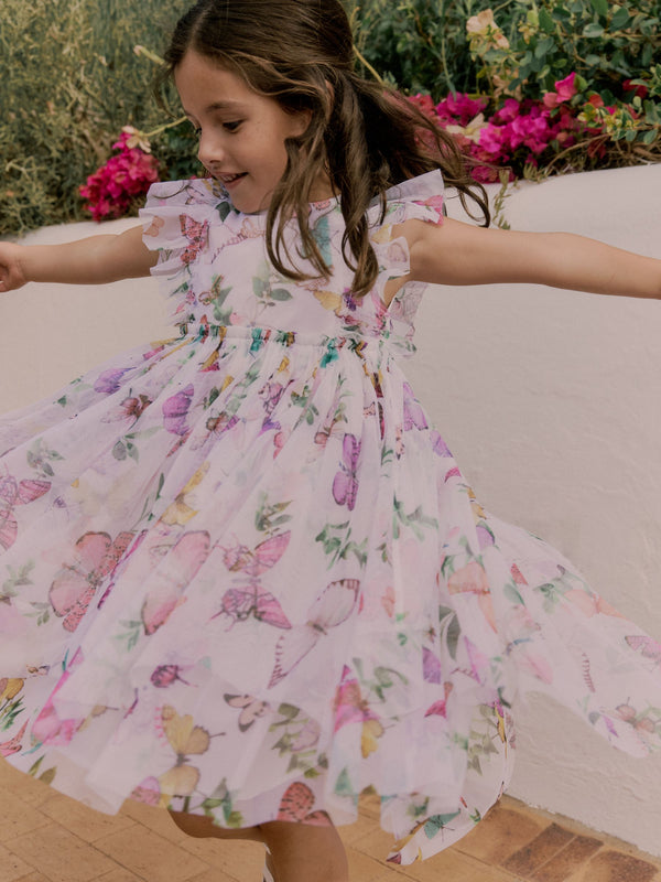Baker by Ted Baker White Printed Mesh Tiered Foil Butterfly Embroidered Dress