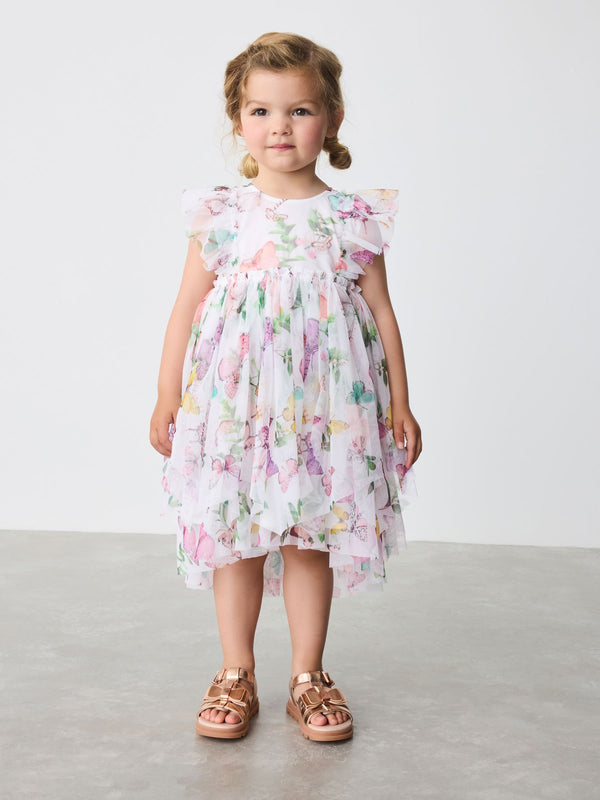 Baker by Ted Baker White Printed Mesh Tiered Foil Butterfly Embroidered Dress