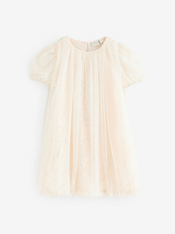 Baker by Ted Baker Cream Sequin Lace Mesh Bubble Hem Dress