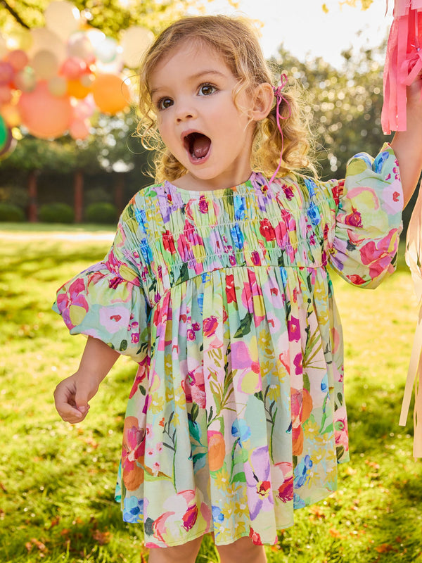 Green Floral Shirred Puff Sleeve Summer Dress (3mths-8yrs)