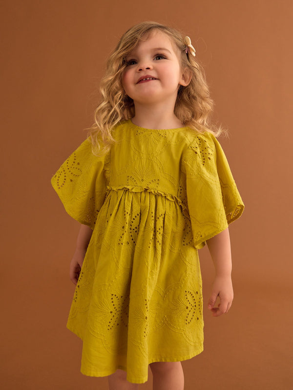Citrine Yellow Angel Sleeve Broderie Summer Dress (3mths-8yrs)