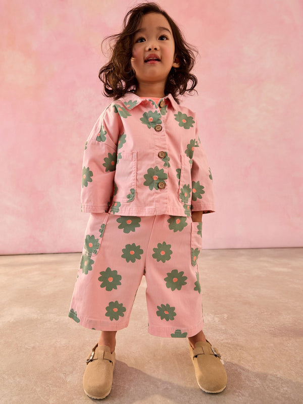 Pink Flower 100% Cotton Jacket T-Shirt And Trousers Set (3mths-8yrs)