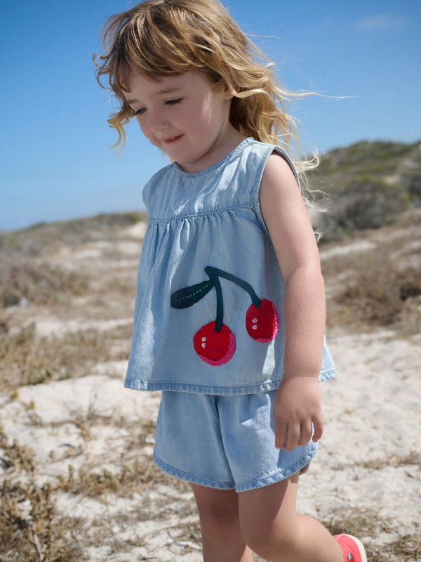 Blue 100% Cotton Denim Blouse And Shorts Co-Ord Set (3mths-8yrs)