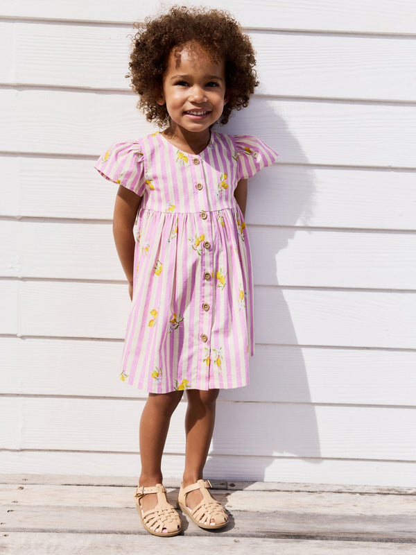 Lilac/White Lemon Stripe Button Up Summer Dress (3mths-10yrs)