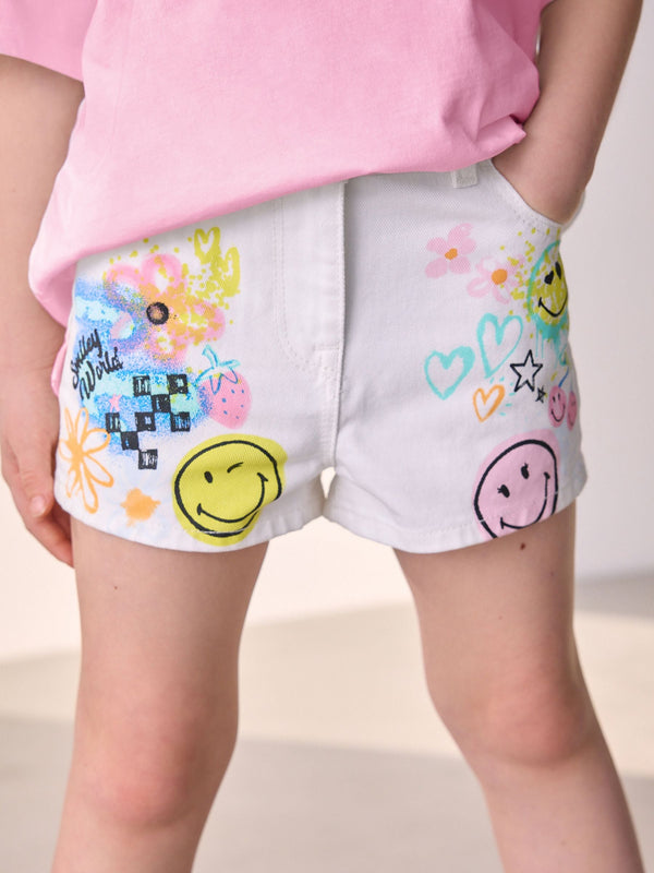 Chalk White Denim 100% Cotton Smileyworld Graffiti Shorts (3-16yrs)