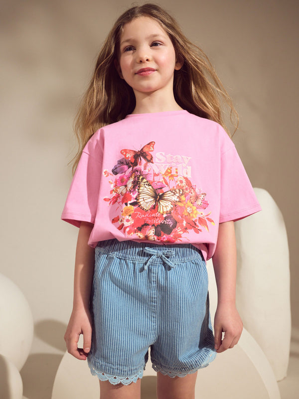 Pink/Blue Butterfly 100% Cotton T-Shirt And Denim Short Set (3-16yrs)