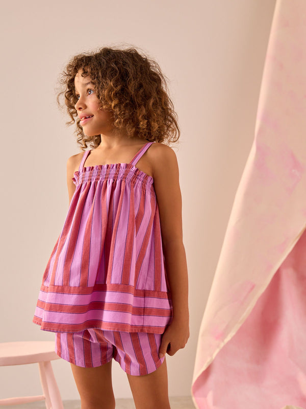 Pink/Purple 100% Cotton Stripe Top and Shorts Set (3-16yrs)