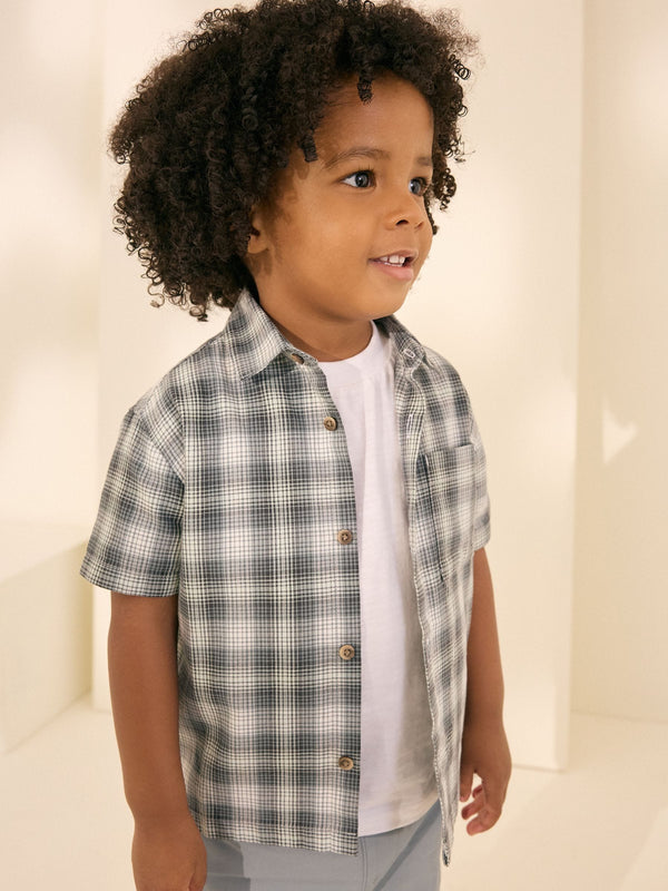 Monochrome Short Sleeves Boxy Fit Check 100% Cotton Shirt (3mths-7yrs)