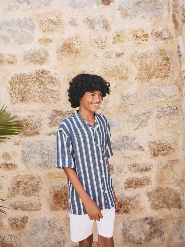 Blue Stripe Short Sleeves Revere Collar Texture Shirt (3-16yrs)
