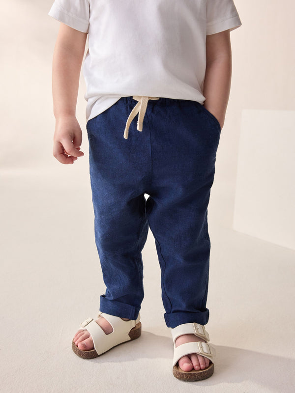 Navy Blue Regular Fit Wide Leg Linen Blend Pull On Trousers (3mths-7yrs)