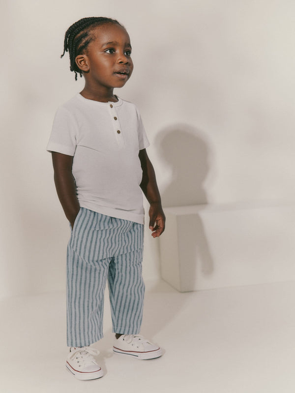Light Blue Stripe Loose Fit Wide Leg Linen Blend Pull On Trousers (3mths-7yrs)