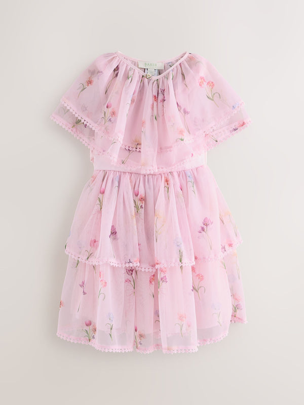 Baker by Ted Baker Pink Mesh Floral Tier Dress and Cape Set