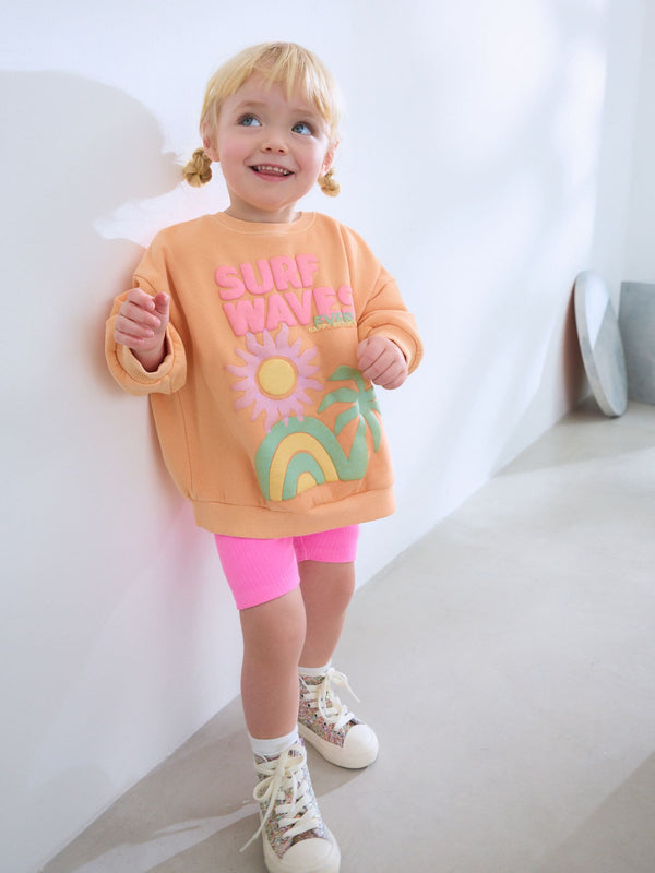 Peach Pink Beach Graphic Crew Sweatshirt & Shorts Set (3mths-7yrs)