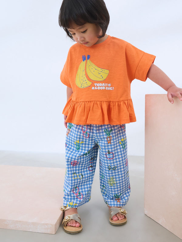 Orange/Navy Gingham Fruit Short Sleeve Peplum 100% Cotton T-Shirt and Wide Leg Trousers Set (3mths-7yrs)
