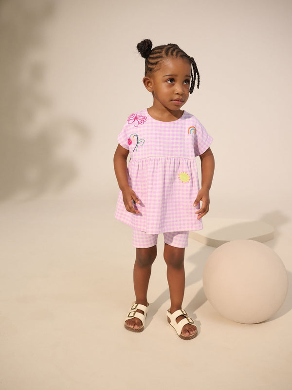 Lilac Gingham Holiday Embroidery Short Sleeve Peplum Top and Cycle Shorts Set (3mths-7yrs)