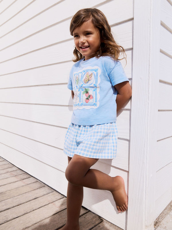 Blue Gingham Flowers Short Sleeve T-Shirt and Shorts Set (3mths-7yrs)
