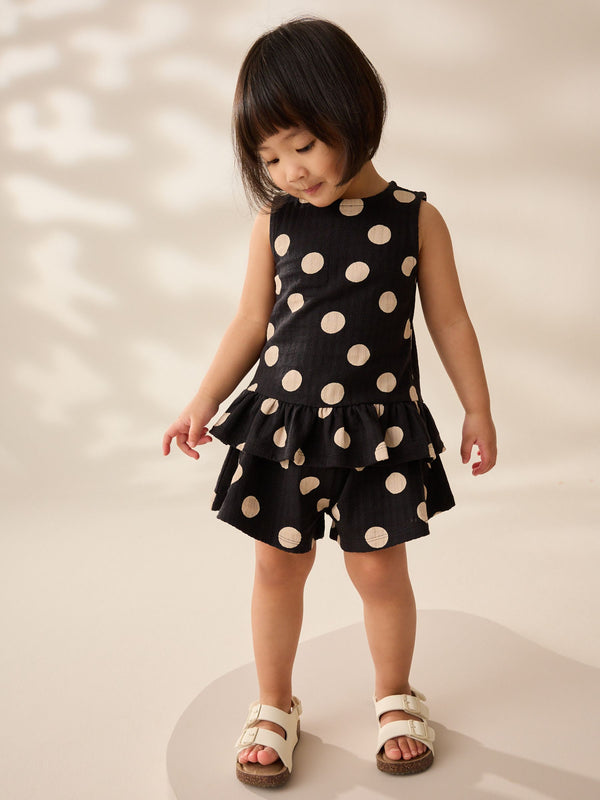 Monochrome Spot Peplum 100% Cotton Vest and Shorts Set (3mths-7yrs)