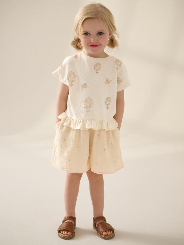 Cream Flower Embroidery Short Sleeve Frill Hem Top and Shorts Set (3mths-7yrs)