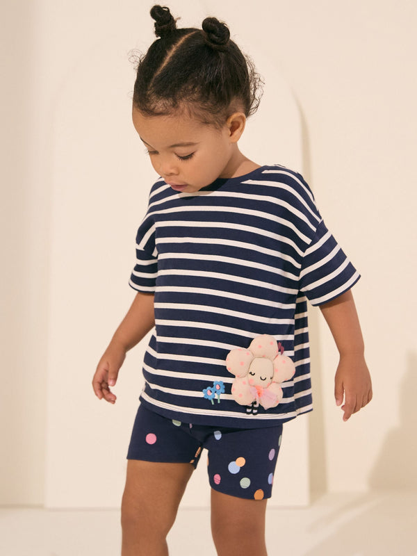 Navy Padded Flower Short Sleeve T-Shirt and Cycle Shorts Set (3mths-7yrs)