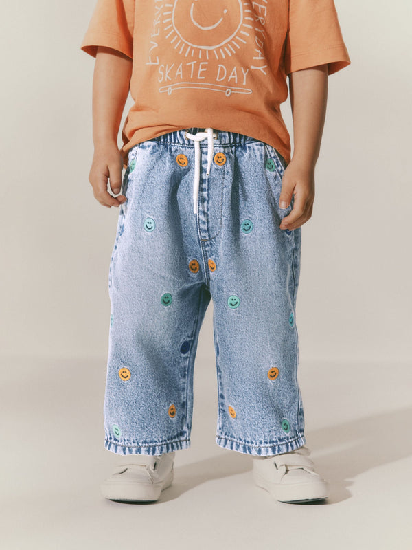 Mid Blue Embroidered 100% Cotton Denim Jeans (3mths-7yrs)