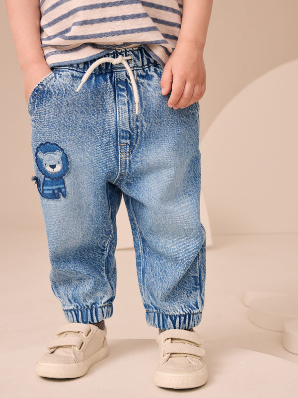 Blue Denim Lion Pull On Cuffed 100% Cotton Jeans (3mths-7yrs)