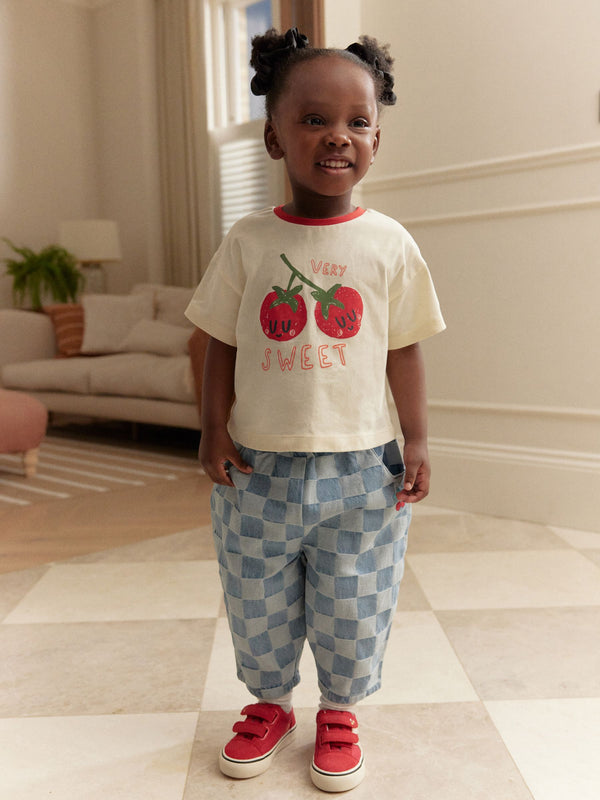 Denim Checkerboard 100% Cotton Jeans and Cherry T-Shirt Set (3mths-7yrs)