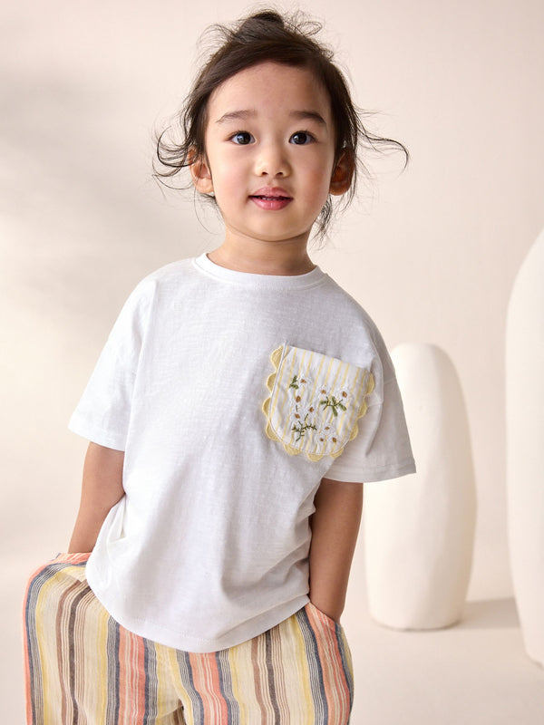 White 100% Cotton Short Sleeve Embroidered Pocket T-Shirt (3mths-7yrs)
