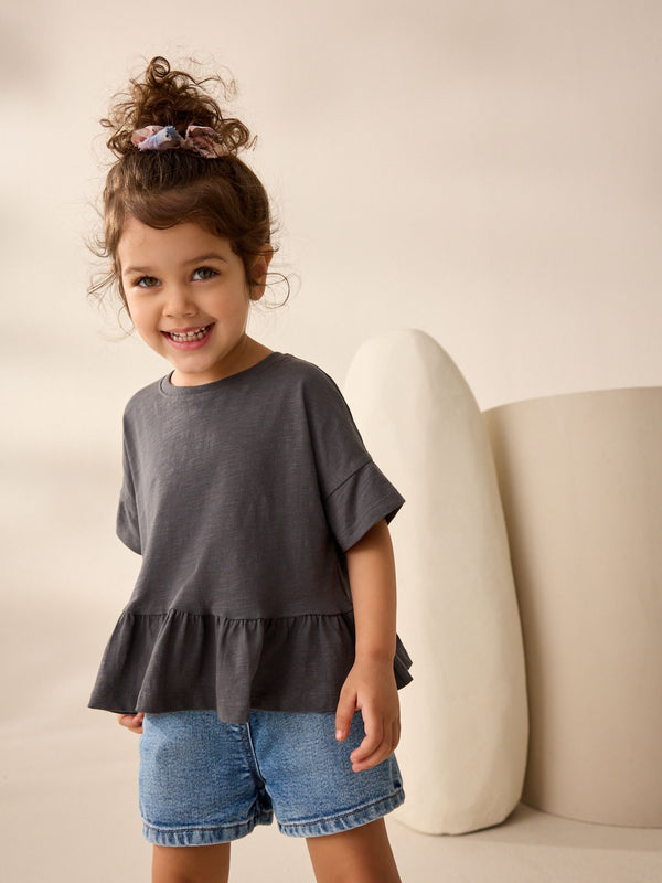 Charcoal Grey 100% Cotton Short Sleeve Peplum T-Shirt (3mths-7yrs)