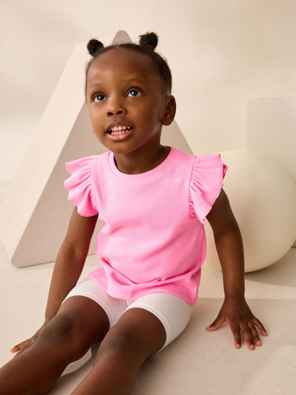 Pink Frill Shoulder Ribbed Vest (3mths-7yrs)