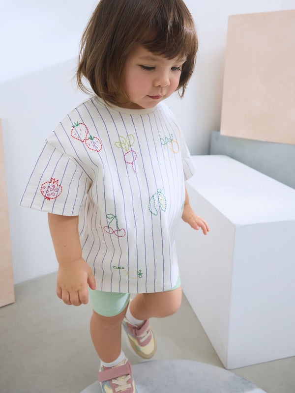White Stripe Embroidered Fruits Short Sleeve T-Shirt (3mths-7yrs)
