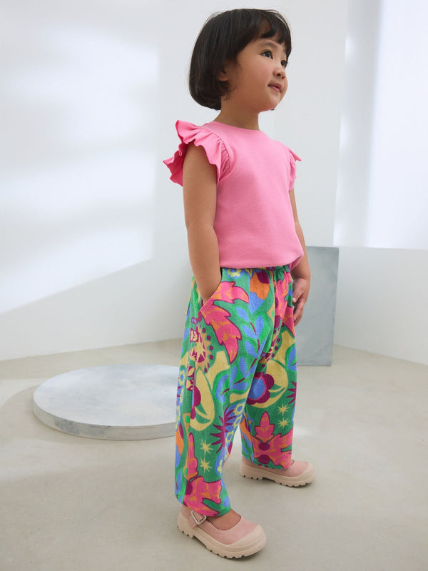 Green Tropical Print Textured Barrel Leg Trousers (6mths-7yrs)