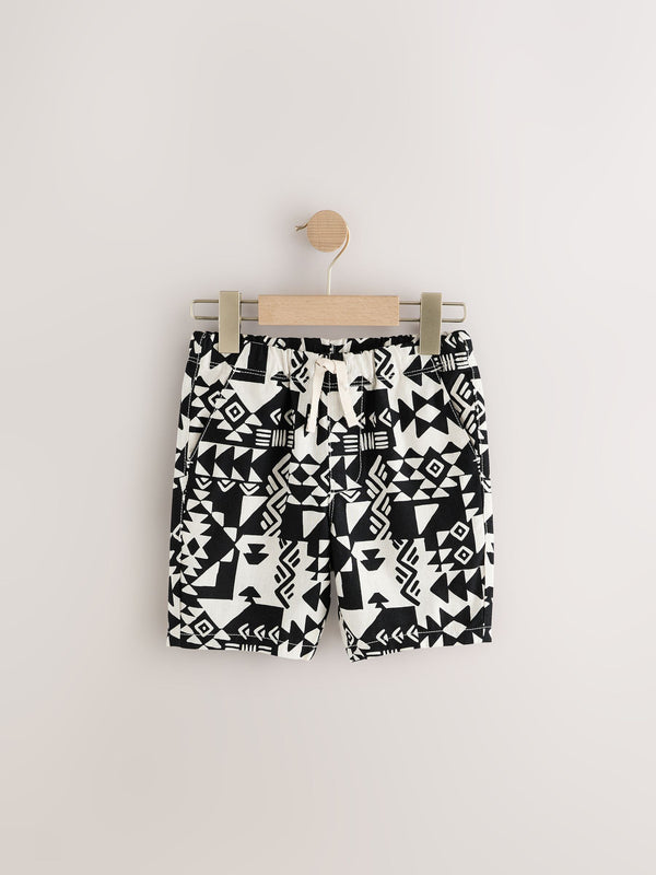 Black/White Print Single Linen Blend Pull-On Shorts (3-16yrs)