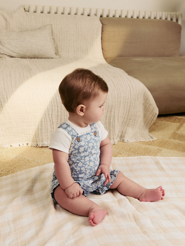 Denim Floral and Ecru Short Sleeve Baby Bodysuit and Dungarees Set (0mths-2yrs)