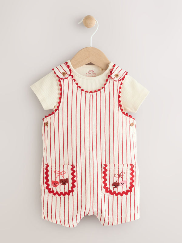 Red Stripe Cherry Short Sleeve Baby Bodysuit and Dungarees Set (0mths-2yrs)