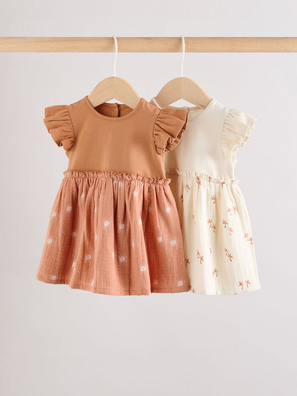 Rust Brown and Cream Printed Jersey Baby Dresses 2 Pack (0mths-3yrs)