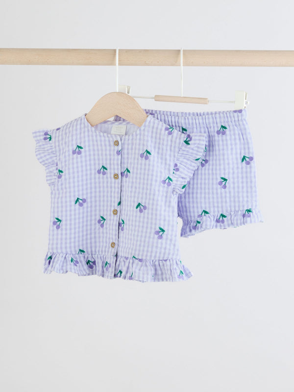 Purple Gingham/Cherry 100% Cotton Baby Shirt And Shorts Set (0mths-3yrs)