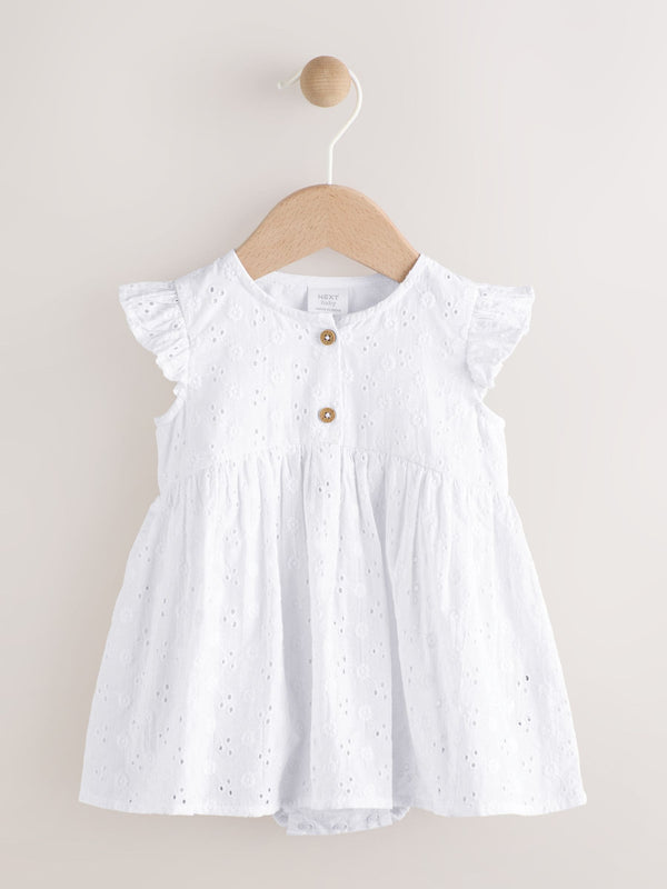 White Baby Broderie Woven Integral 100% Cotton Dress (0mths-2yrs)