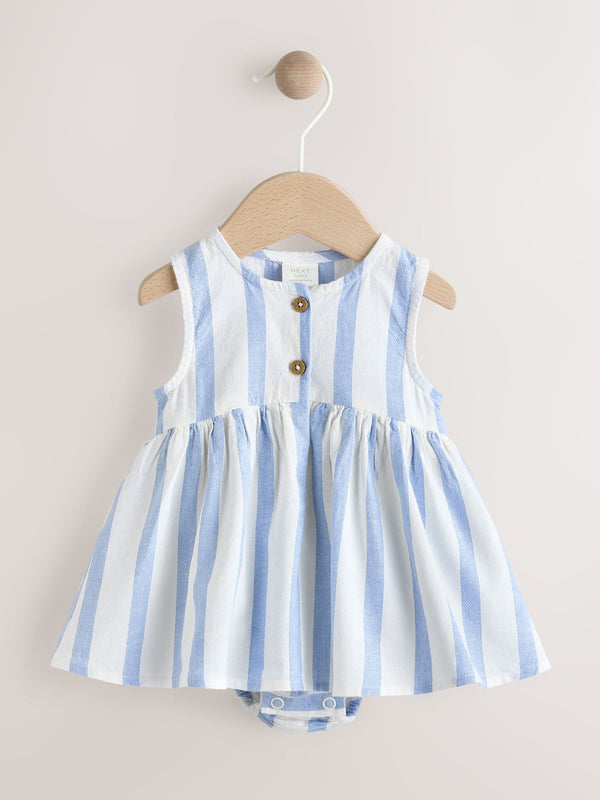 Blue/White Stripe Woven Integral 100% Cotton Baby Dress (0mths-2yrs)