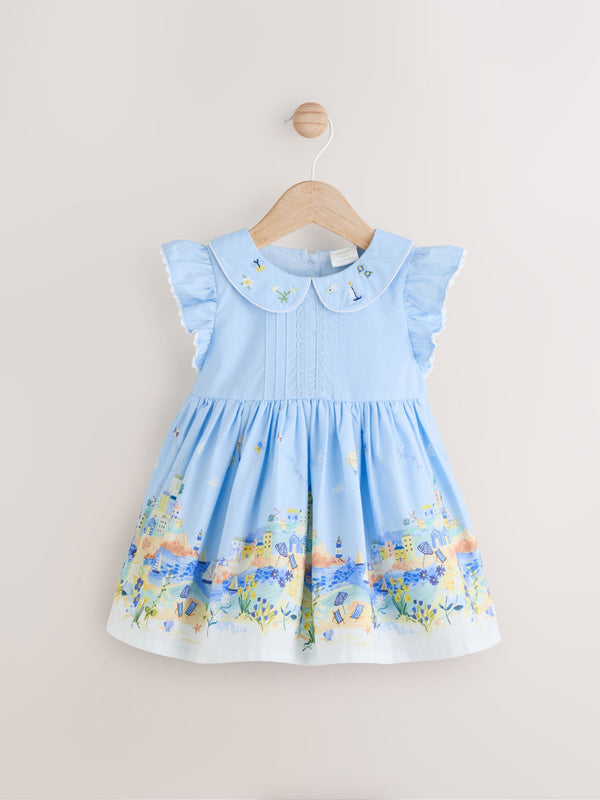 Blue and Yellow Scene Printed Baby Smock Dress (0mths-2yrs)