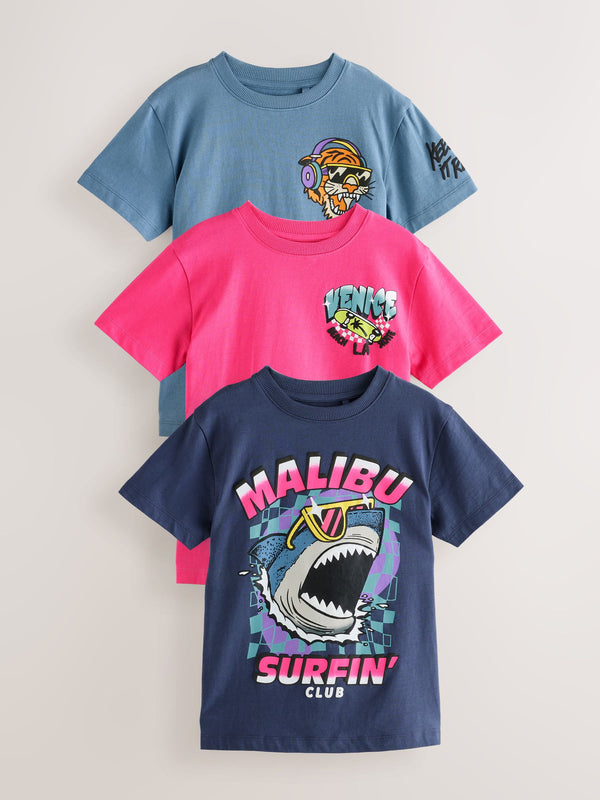 Blue/Pink Summer Animals Regular Fit Graphic Print Short Sleeve T-Shirts 3 Pack (3-16yrs)
