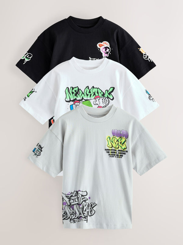 Black/White/Grey Relaxed Fit Graphic Print Short Sleeve T-Shirts 3 Pack (3-16yrs)