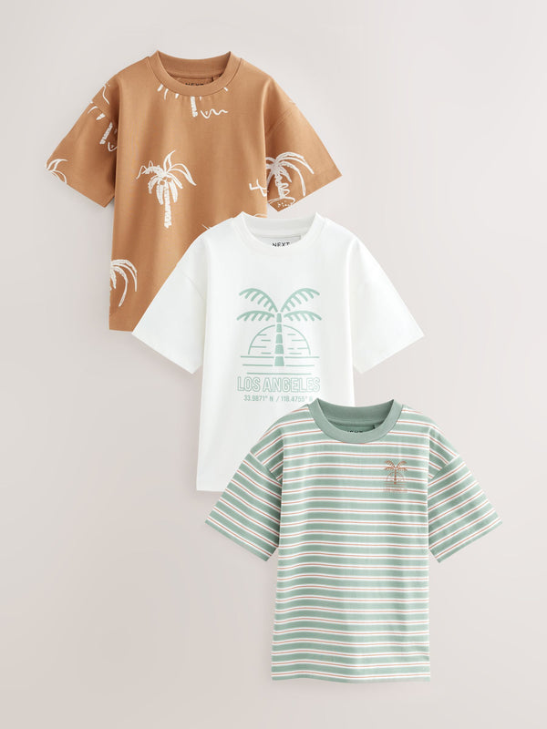 Rust/White/Stripe Palm Relaxed Fit Graphic Print Short Sleeve T-Shirts 3 Pack (3-16yrs)